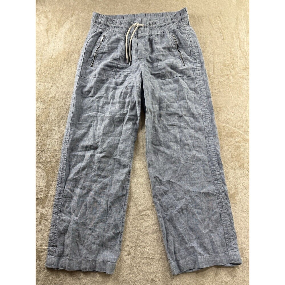 Athleta Cabo Linen Wide Leg Pants Women's 12 Blue Drawstring Zip Pocket Relaxed